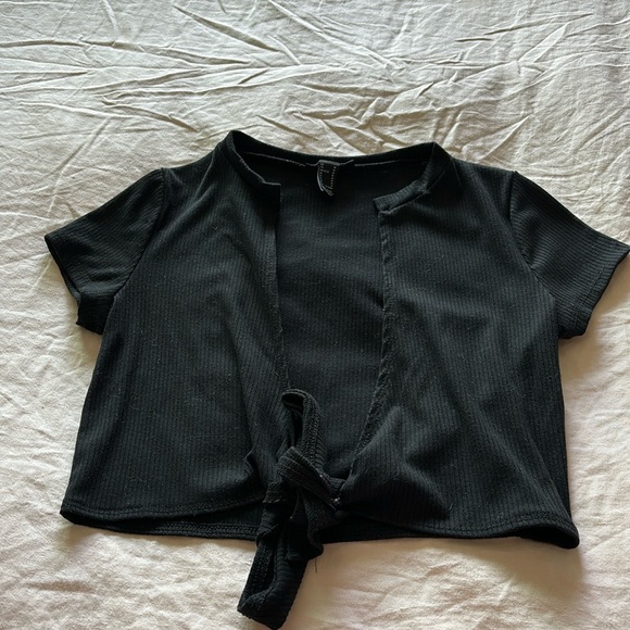 Black Split Tie Front Cotton Ribbed Crop Top - BUNDLE AND MAKE AN OFFER - Picture 1 of 1